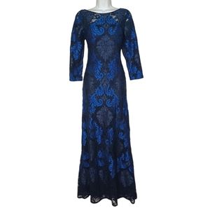 AIDAN MATTOX Blue Black Brocade Embroidered Print Maxi Evening Dress 4 Small NWT